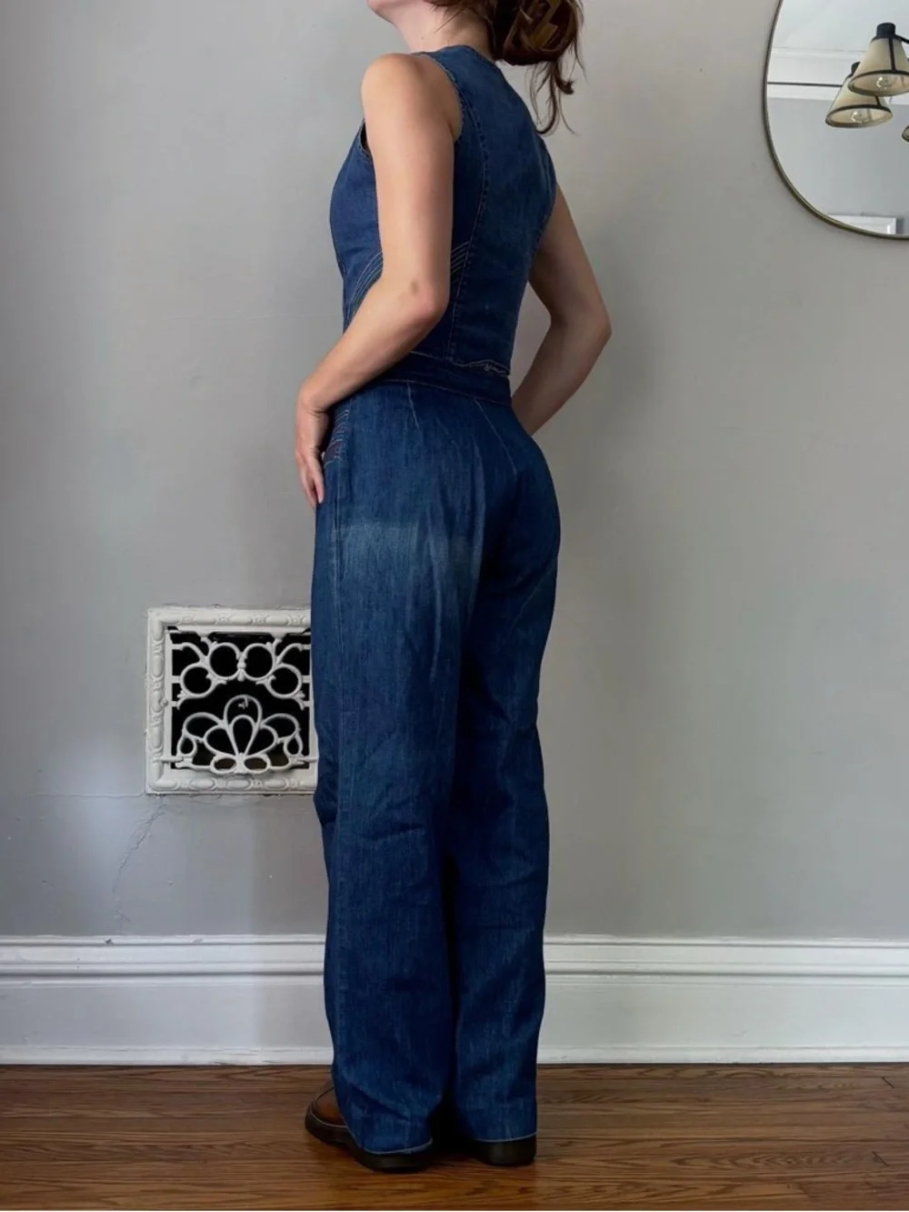 Vintage 70s Miss H.I.S. Retro rainbow embroidered denim vest + wide leg pant set - Picture 6 of 8